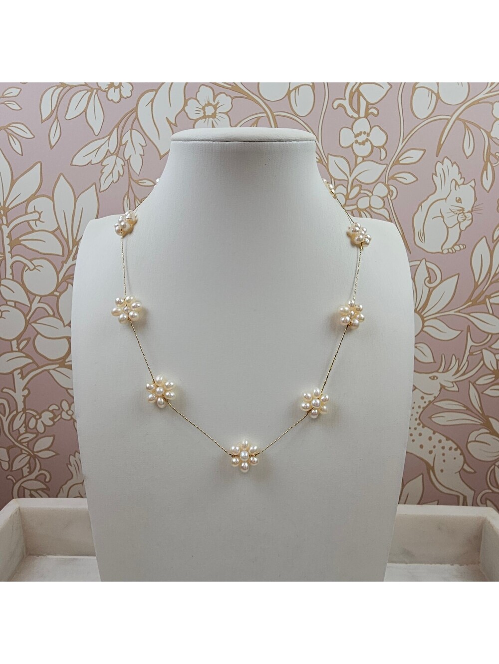 Vintage Faux Pearl Flower Necklace Gold Tone Fishhook Clasp Bridal Cottagecore